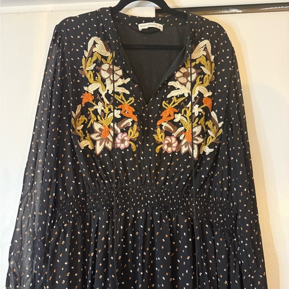 Rustydusty Black Polka Dot Maxi Dress Fall Embroidered Boho - Picture 5 of 9